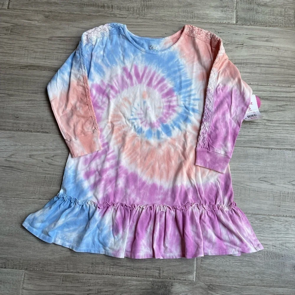 NWT Justice Girls Tie Dye Ruffle Hem Knit Sleeve Detail Pink/Orange/Blue SZ S